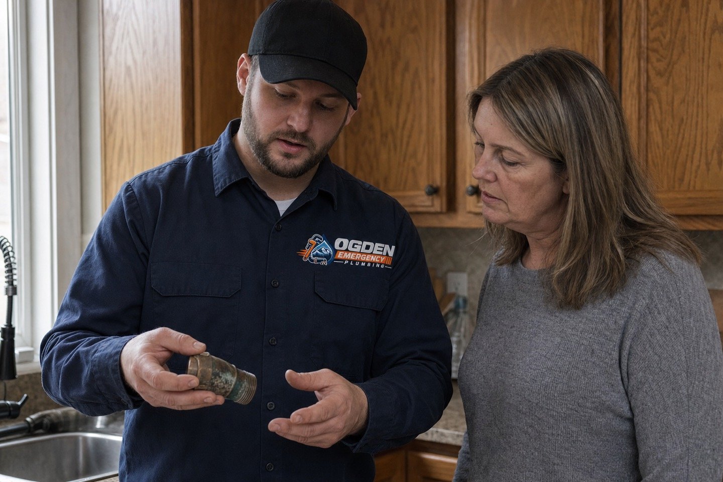 A plumber showing a homeowner the corroded pipe fitting he removed from under her kitchen sink