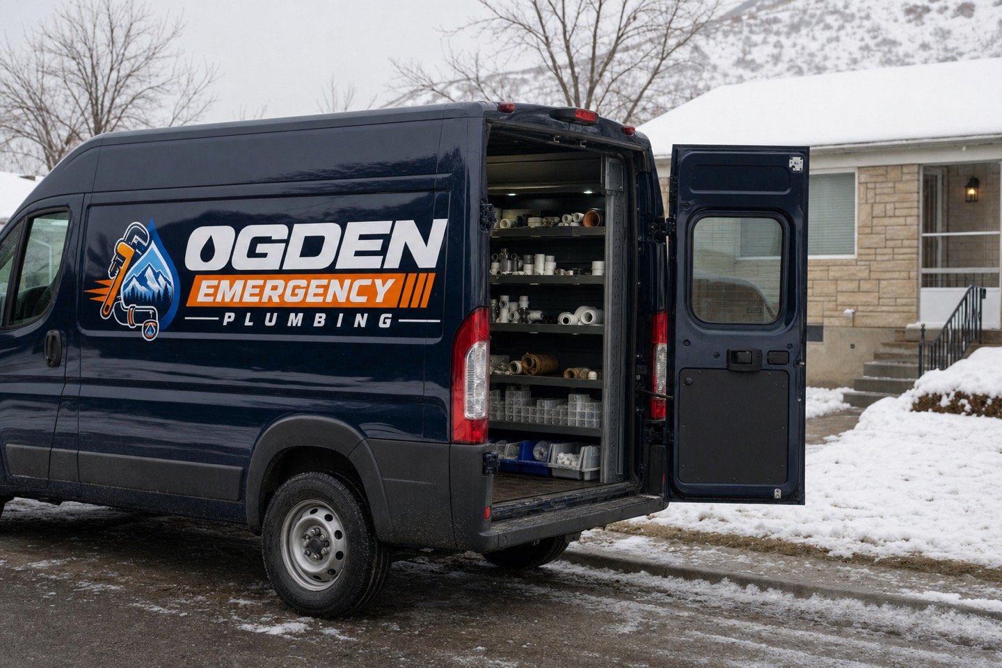 A navy plumbing service van parked outside a house in winter with the rear doors open showing organised parts and tools