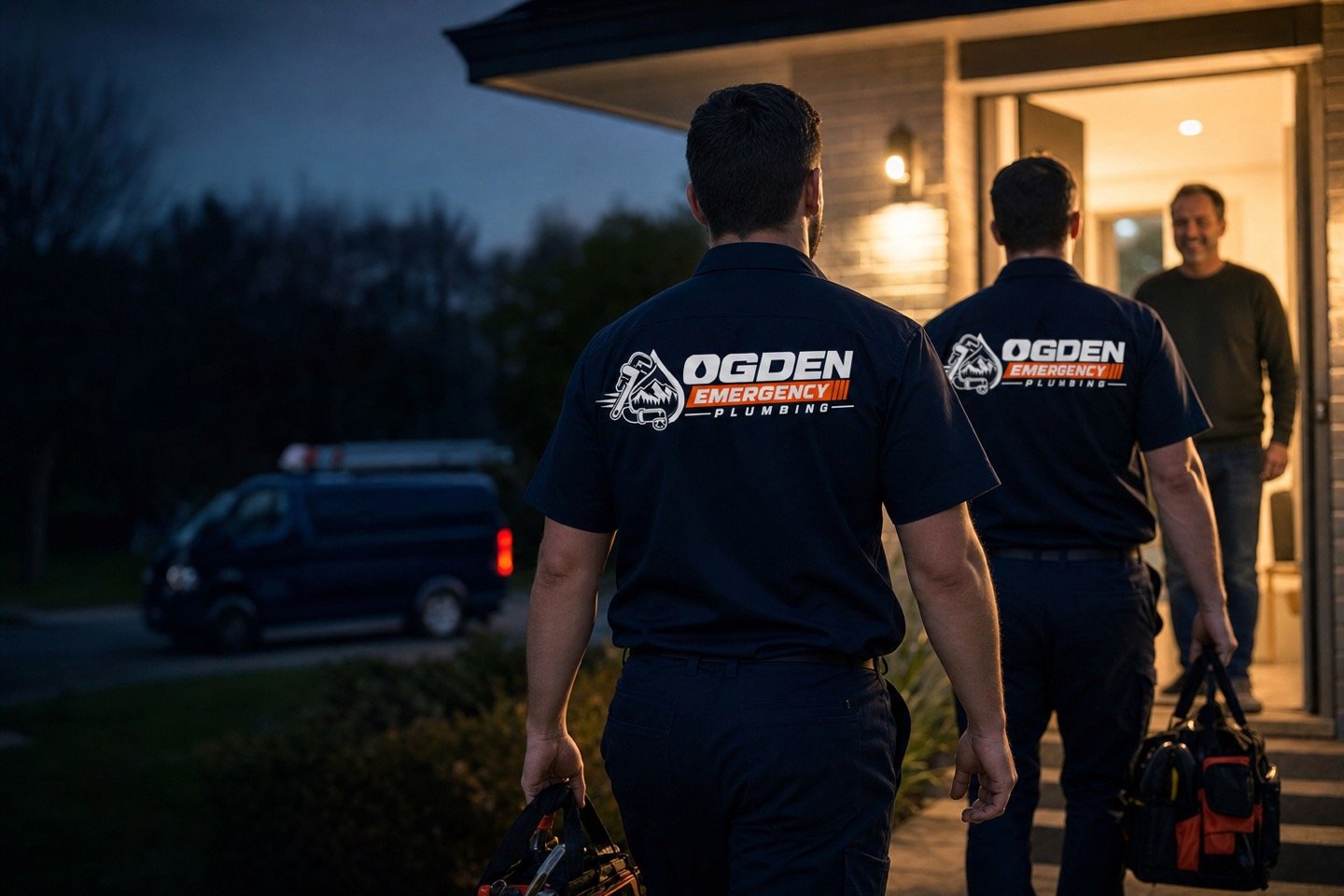 Two Ogden Emergency Plumbing technicians walking up to a house at dusk, greeted by the homeowner at the door