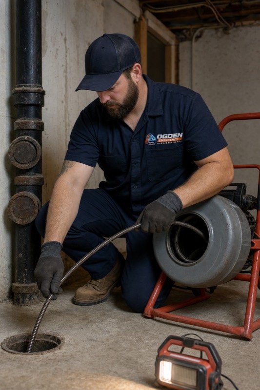 A plumber running a drain auger into a basement floor drain