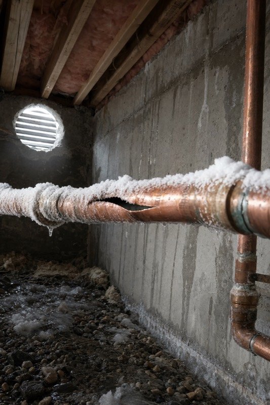 A frozen copper water pipe covered in frost with a burst seam