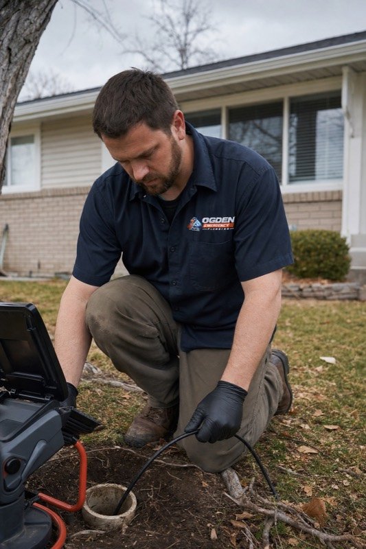 A plumber feeding a sewer camera into a cleanout in a front lawn